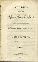 ["<p> Pamphlet. Address to the Jefferson Union League of Berkeley County, [West] Virginia at the presentation of the United States flag to the citizens of Martinsburg.<br /> <br />  </p>"]