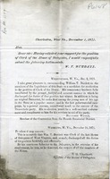 ["Pamphlet.  \"Charleston, West Va., December 1, 1871. Hon. Dear Sir: Having solicited your support for the position of Clerk of the House of Delegates, I would respectfully submit the following testimonials.  W. T Burdett.\"<br />"]